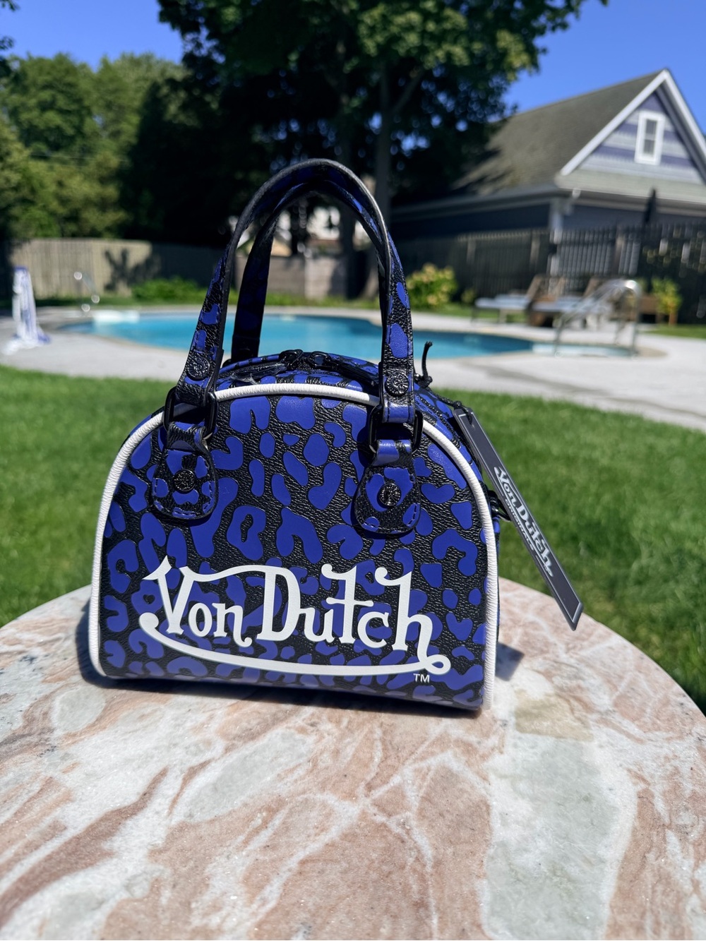 Von Dutch Blue Leopard Print Mini Bowling Bag Y2K 2000s Shoulder Purse NWT